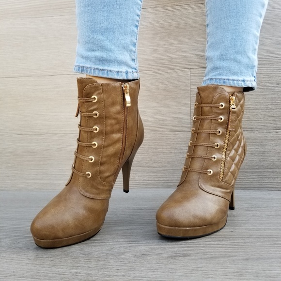 Khaki Platform High Heel Boots Light Fur inside - Picture 5 of 8